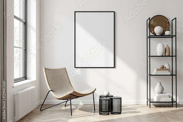 Obraz Minimalist frame mockup for wall posters. Japandi-style living room with blank wall background. 3D-rendered home decor.