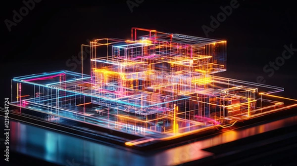 Fototapeta Hyper-realistic holographic display of a 3D architectural plan, glowing neon beams illuminating the structure