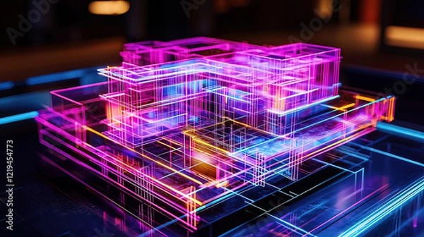 Obraz Hyper-realistic holographic display of a 3D architectural plan, glowing neon beams illuminating the structure