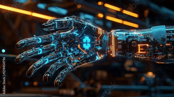 Obraz Hyper-realistic holographic display of a 3D robot arm, floating mid-air, glowing neon beams illuminating intricate mechanics