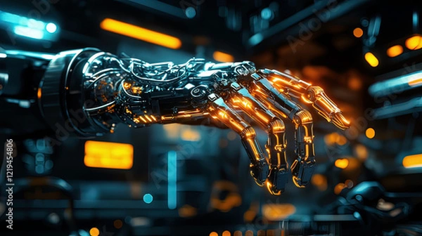 Obraz Hyper-realistic holographic display of a 3D robot arm, floating mid-air, glowing neon beams illuminating intricate mechanics