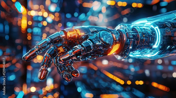 Fototapeta Hyper-realistic holographic display of a 3D robot arm, floating mid-air, glowing neon beams illuminating intricate mechanics