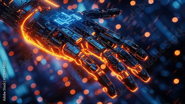 Obraz Hyper-realistic holographic display of a 3D robot arm, floating mid-air, glowing neon beams illuminating intricate mechanics