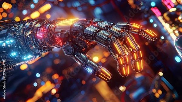 Obraz Hyper-realistic holographic display of a rotating 3D robot arm, glowing neon beams illuminating intricate mechanical parts
