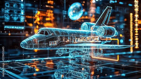 Fototapeta Hyper-realistic holographic display of a rotating 3D space shuttle, glowing neon beams illuminating intricate mechanics, cosmic backdrop