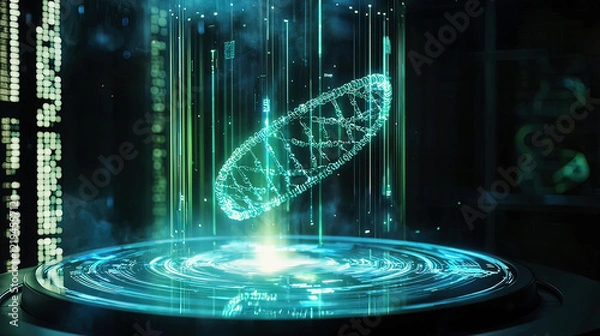 Obraz Hyper-realistic holographic display of a rotating DNA strand, glowing blue and green beams illuminating the sequence