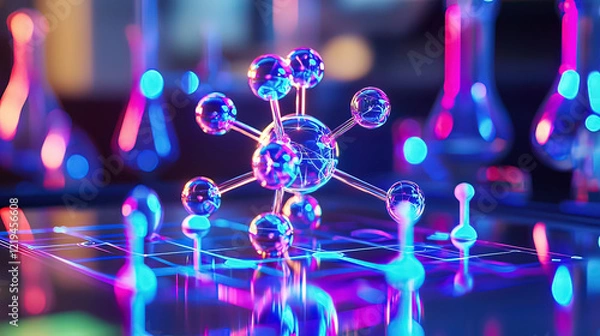 Obraz Hyper-realistic holographic display of a rotating molecular structure, glowing neon beams illuminating intricate atoms, futuristic lab