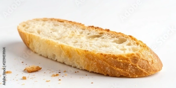 Obraz Crunchy baguette slice on a plain white surface, fresh bread, crispy bread, white background