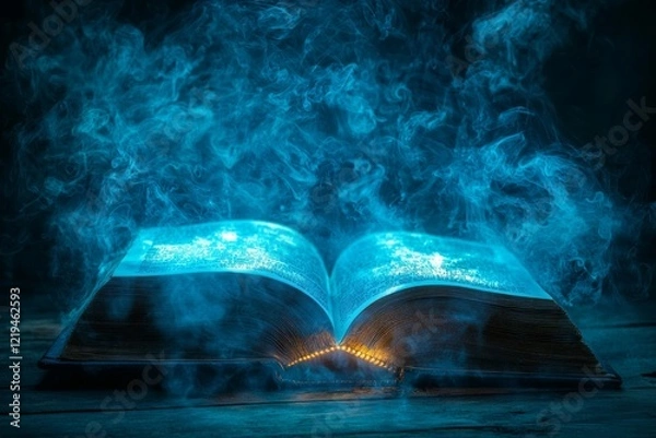Fototapeta open book emanates misty glow as shadowy figures and radiant lanterns materialize from its pages. atmosphere is filled intrigue and wonder inviting exploration of its secrets.