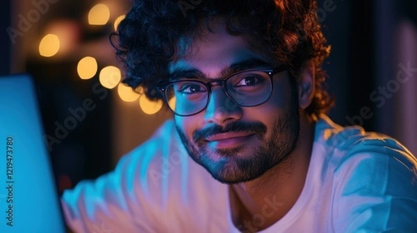 Fototapeta Smiling young curly indian latin ethnic business man or student wearing glasses remote working overtime, learning online late at night at home or in dark office using laptop computer at workplace.