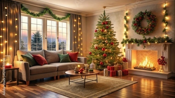 Fototapeta Cozy living room with a Christmas tree and festive decorations, Christmas tree, fireplace, soft cushions, cozy living room, holiday decorations