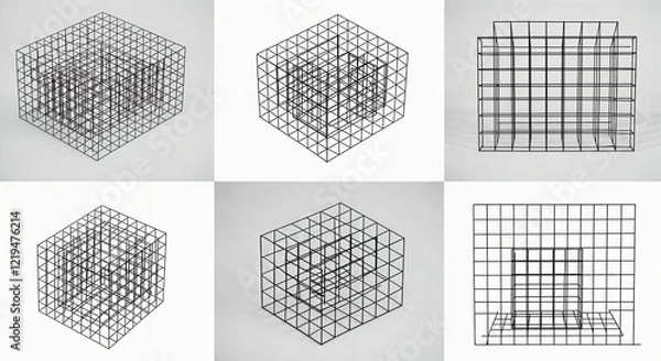Fototapeta Geometric grid cubes in minimalist layout featuring symmetrical wireframe designs