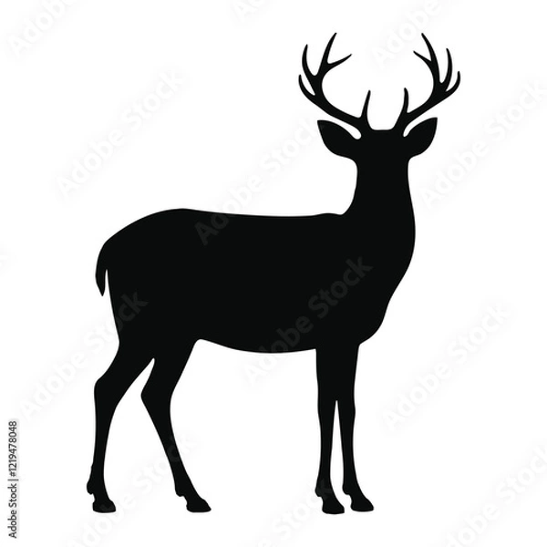 Obraz Standing Deer Silhouette with Antlers - Elegant Black and White Wildlife Vector