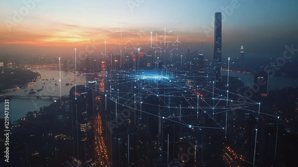 Fototapeta Smart digital Innovation city with connection network reciprocity over the twilight cityscape. of future smart wireless digital city and social media networking systems that connects people with city
