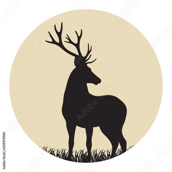 Obraz Deer Silhouette Standing in Grass with Antlers - Elegant Wildlife Vector in Circular Design