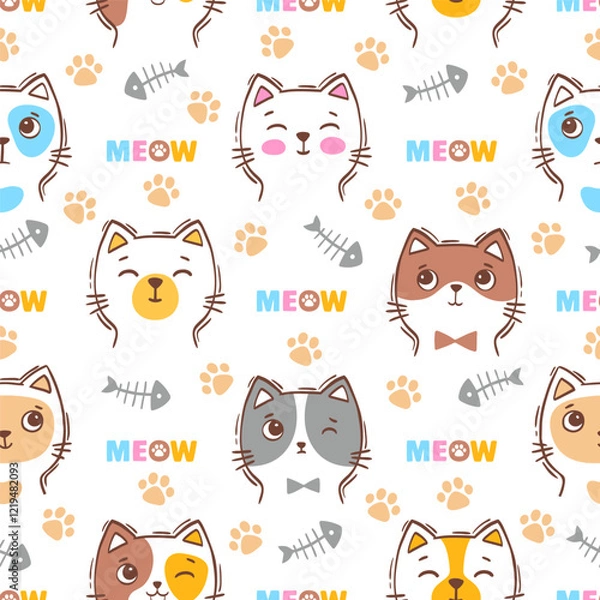 Fototapeta Hand drawn seamless pattern vector cat portrait. Vector hand drawn cute children seamless pattern