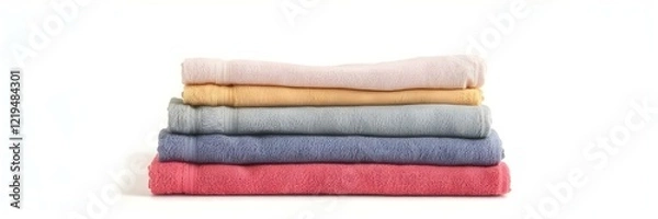 Fototapeta A neatly folded stack of colorful towels, isolated on white background, full depth of field