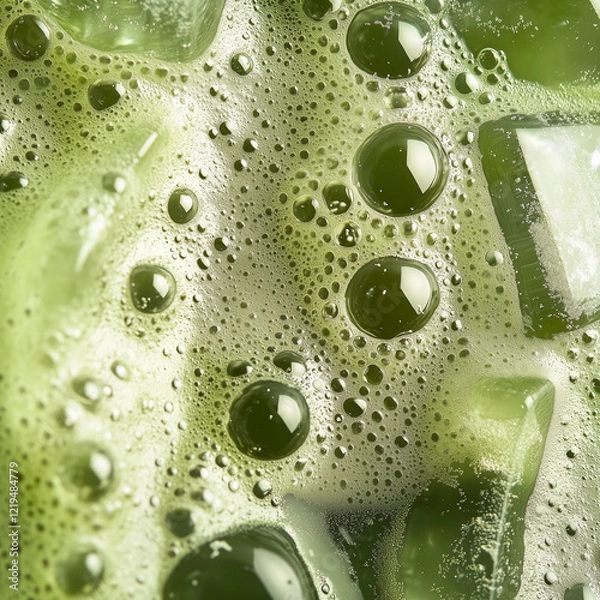 Fototapeta A detailed macro close-up of the iced matcha latte surface with vibrant green matcha and intricate details under natural daylight.