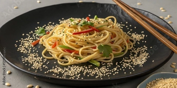 Fototapeta Grab noodles arranged in a circular pattern on a dark plate with a ring of sesame seeds surrounding the center, Asian ingredients, noodle dishes, grab noodles
