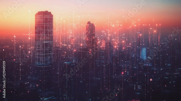 Fototapeta Smart digital Innovation city with connection network reciprocity over the twilight cityscape. of future smart wireless digital city and social media networking systems that connects people with city
