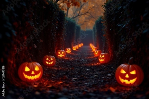 Fototapeta Jack-o-lanterns and candles lining the twisting tunnels of the hedge maze, autumnal, jack-o-lanterns, warm glow