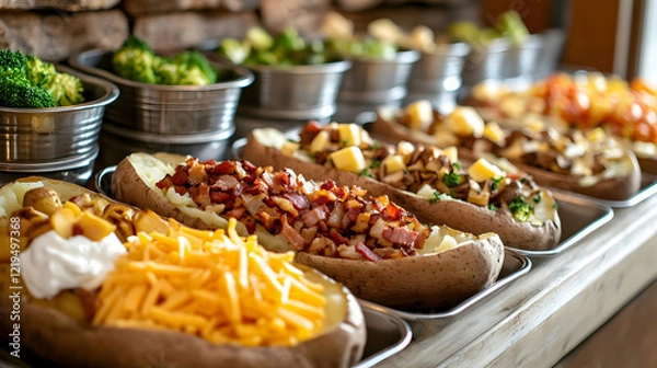 Fototapeta A delectable spread of baked potatoes with various toppings