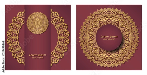 Obraz Golden mandala ornament on a burgundy background. Square background with luxurious ethnic ornament. Possible design of invitation, postcards, packaging