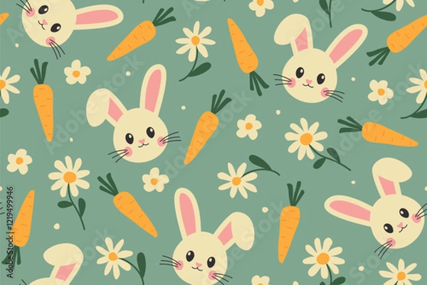 Fototapeta seamless easter pattern with rabbits, carrots and daisy flowers - vector illustration