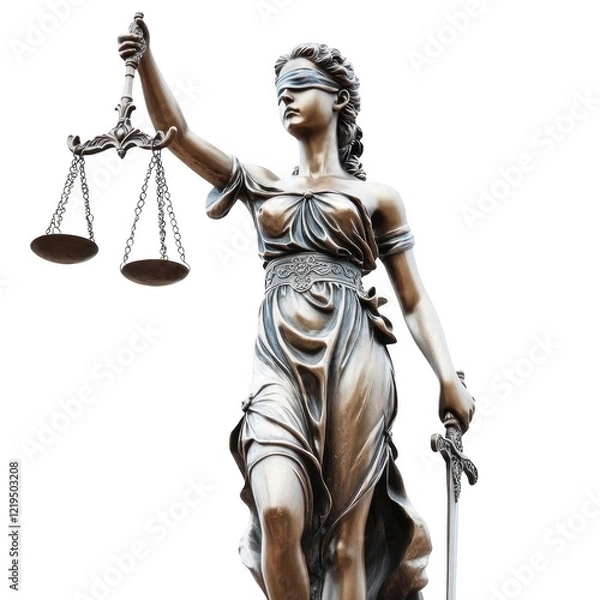Fototapeta 3d icon Lady justice legal statue, a symbol of law and fairness, holding scales and a sword Themis, isolated on background
