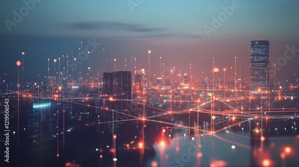 Fototapeta Smart digital Innovation city with connection network reciprocity over the twilight cityscape. of future smart wireless digital city and social media networking systems that connects people with city
