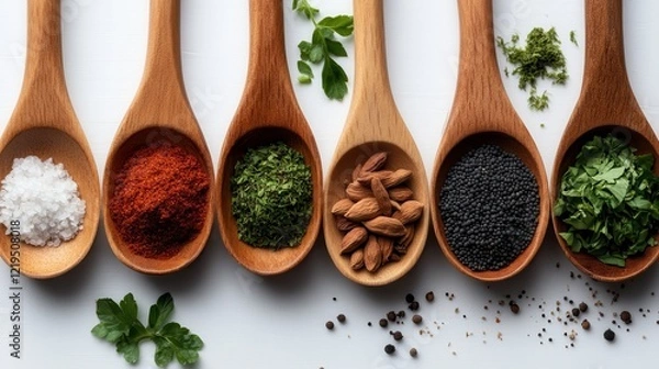 Obraz This vibrant composition of various ingredients displayed in wooden spoons, including sea salt, highlights the essential components of flavor and nourishment in cooking.