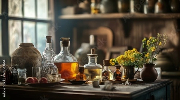 Fototapeta Rustic kitchen with bottles, flowers, and natural sunlight