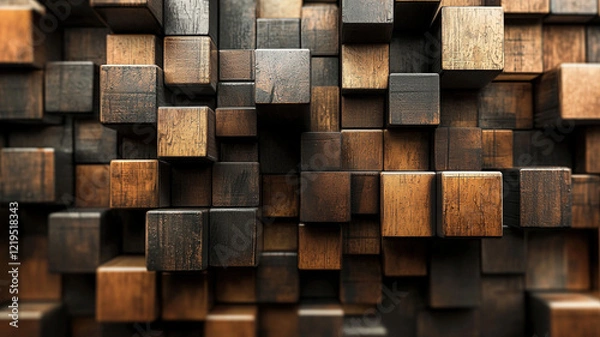 Fototapeta Abstract wooden block and cube composition with earthy, rustic tones.