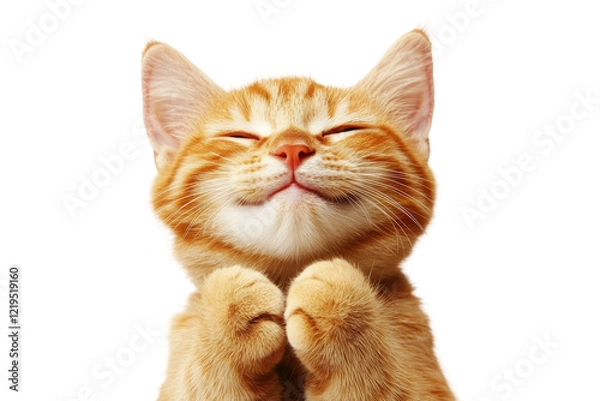 Fototapeta Adorable ginger little cat with closed eyes and paws raised in joyful pose isolated on transparent background.
