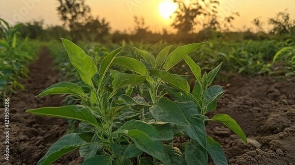 Obraz ashwagandha plants growing in a field at sunset, with warm golden hues lighting up the leaves and soil