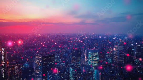 Fototapeta Smart digital Innovation city with connection network reciprocity over the twilight cityscape. of future smart wireless digital city and social media networking systems that connects people with city

