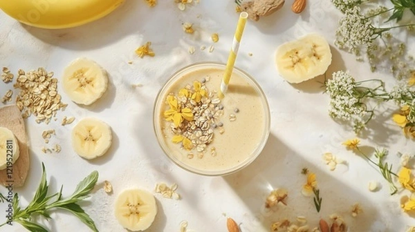 Obraz ashwagandha-infused smoothie in a clear glass with a straw, surrounded by fresh ingredients like bananas and almond milk