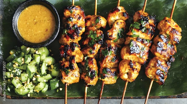 Fototapeta Delicious Chicken Satay with Peanut Sauce and Cucumber Salad