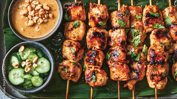 Fototapeta Delicious Chicken Satay with Peanut Sauce and Cucumber Salad