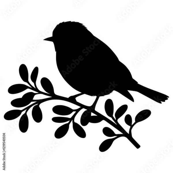 Fototapeta Silhouette of a Bird Perched on a Branch with Detailed Leaves – Minimalistic Black and White bird silhouette Design...