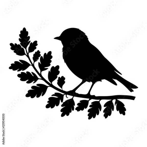 Fototapeta Silhouette of a Bird Perched on a Branch with Detailed Leaves – Minimalistic Black and White bird silhouette Design...