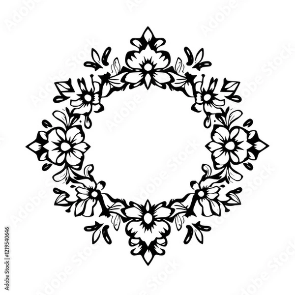 Fototapeta Elegant Black and White Floral Frame Design: Circular Vintage Ornament, Perfect for Wedding Invitations, Greeting Cards, and More