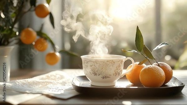 Obraz A set of ornate tea cups with steam rising, placed beside mandarin oranges for New Year blessings copy space, ethereal, Double exposure, traditional tea house backdrop