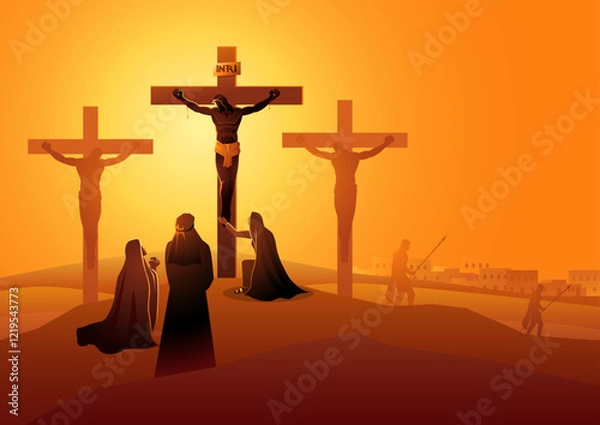 Obraz Biblical vector illustration series. Way of the Cross or Stations of the Cross, twelfth station. Mary the Mother of Jesus, John the beloved disciple and Mary of Magdala at the Crucifixion 