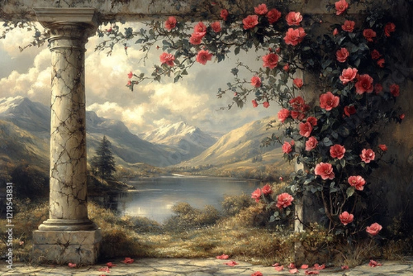Obraz Romantic Roses Frame Mountain Lake View
