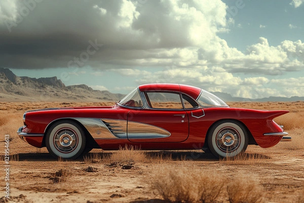 Obraz Classic Red Corvette Convertible in Desert Landscape