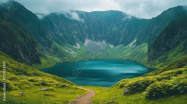 Obraz Crater lake with green slopes.