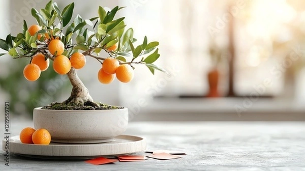 Obraz Intricately styled bonsai kumquat tree, laden with fruits, adorned with traditional Chinese red envelopes for prosperity