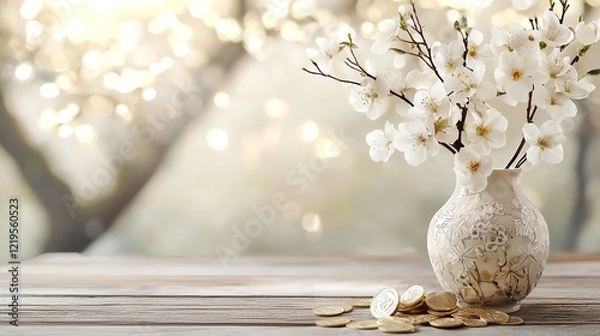 Fototapeta Plum blossoms cascading from an ornate porcelain vase, paired with scattered gold coins for a prosperous New Year image