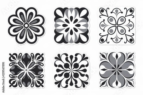 Fototapeta Six grayscale floral designs arranged in a grid pattern